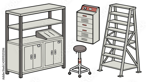 Industrial style metal shelving unit and stepladder equipment set with furniture