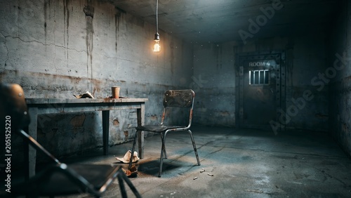 Gritty interrogation room with a single hanging light bulb and metal chairs