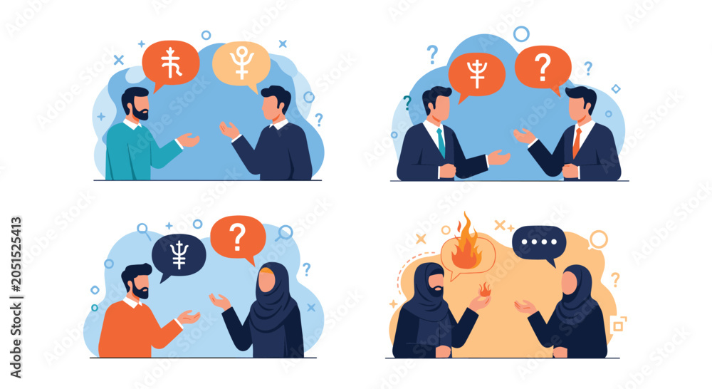 Fototapeta premium Multiple panels illustrate people from diverse cultural backgrounds in conversation with speech bubbles showing confusion and conflict.
