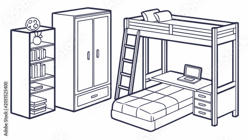 Functional kids bedroom with bunk bed and study desk furniture wardrobe