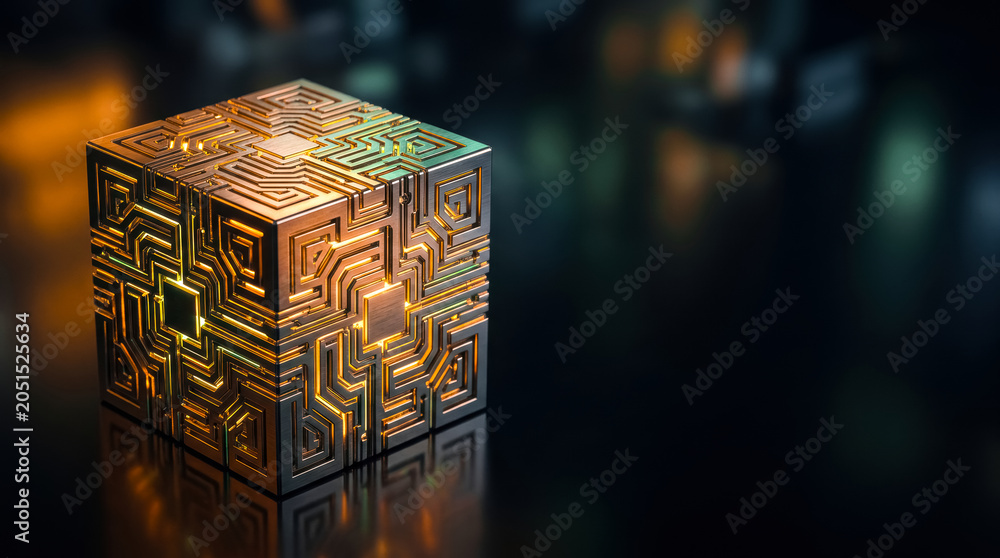 Obraz premium Glowing futuristic AI cube with circuit maze pattern, high-tech digital illustration, quantum computing concept.