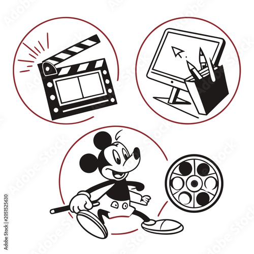 Cartoon character directing a film with film reel and clapperboard character directing