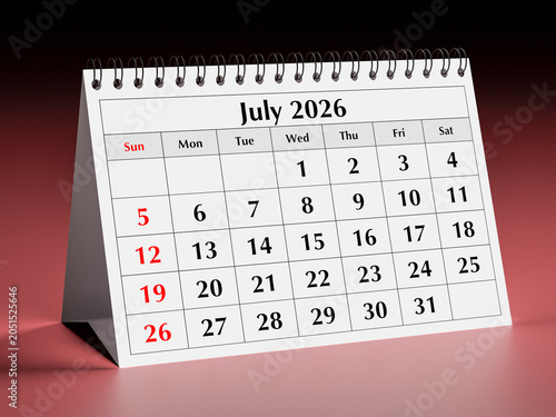 July 2026 calendar. Page of annual business desk monthly flip calendar in summer month