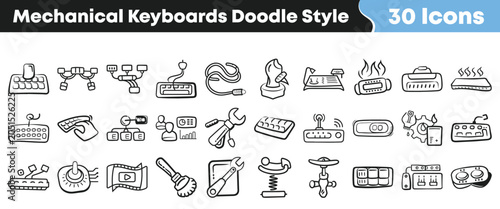 Hand drawn doodle icons of various mechanical keyboards and accessories