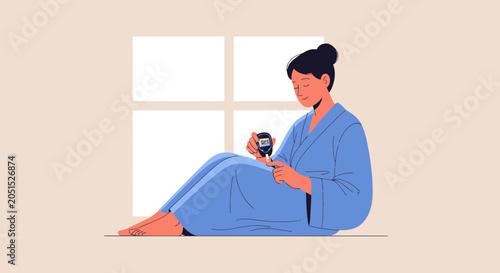 Woman checking blood glucose level with a glucometer, representing diabetes management and health awareness