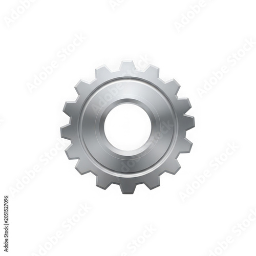 Gear Metallic Silver Cogwheel Icon with Circular Center Hole, Glossy Steel Texture and Industrial Mechanical Design Isolated
