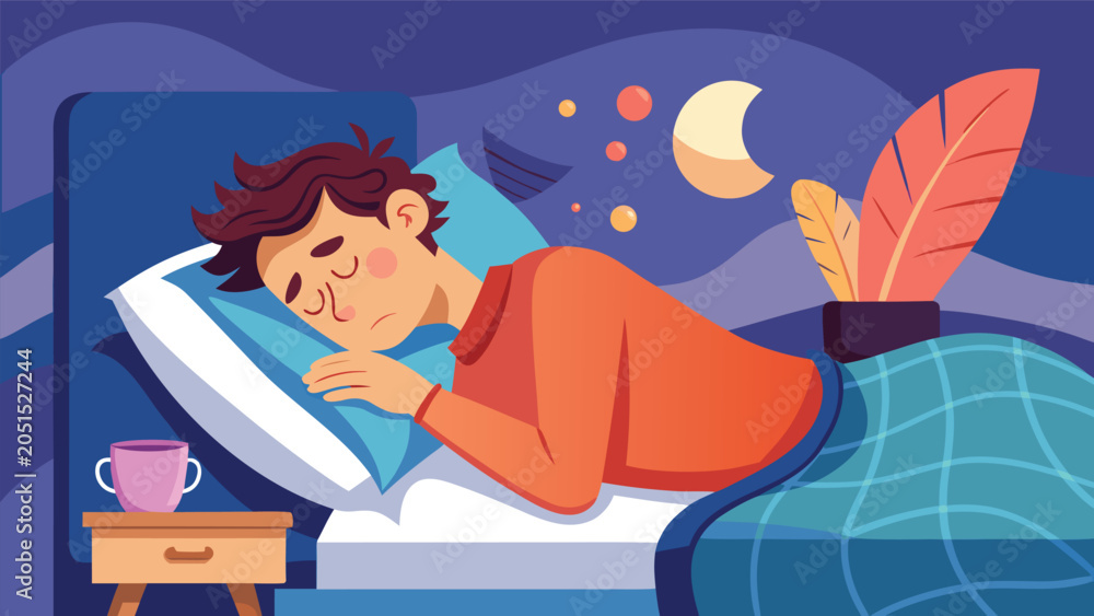 Obraz premium Man sleeping peacefully in bed under moonlight with bedside table and plant
