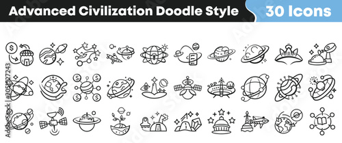 Obraz na płótnie Set of thirty advanced civilization doodle style icons for design