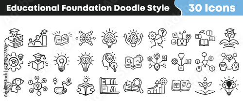 Collection of thirty educational doodle style icons for learning concepts