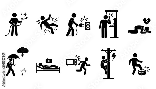Foto Set of icons depicting electrical hazards and accidents, including electric shoc