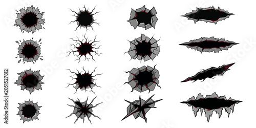 Tableau sur toile Set of bullet holes and cracks in concrete wall, vector illustration of damage a