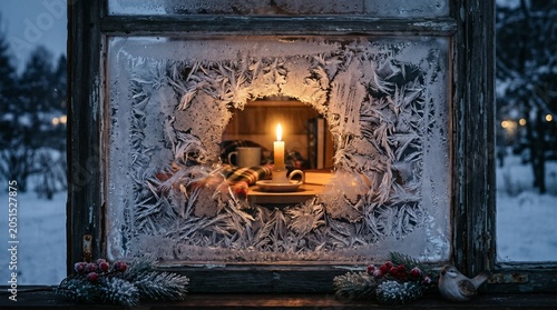 Frosted window with candlelit festive interior