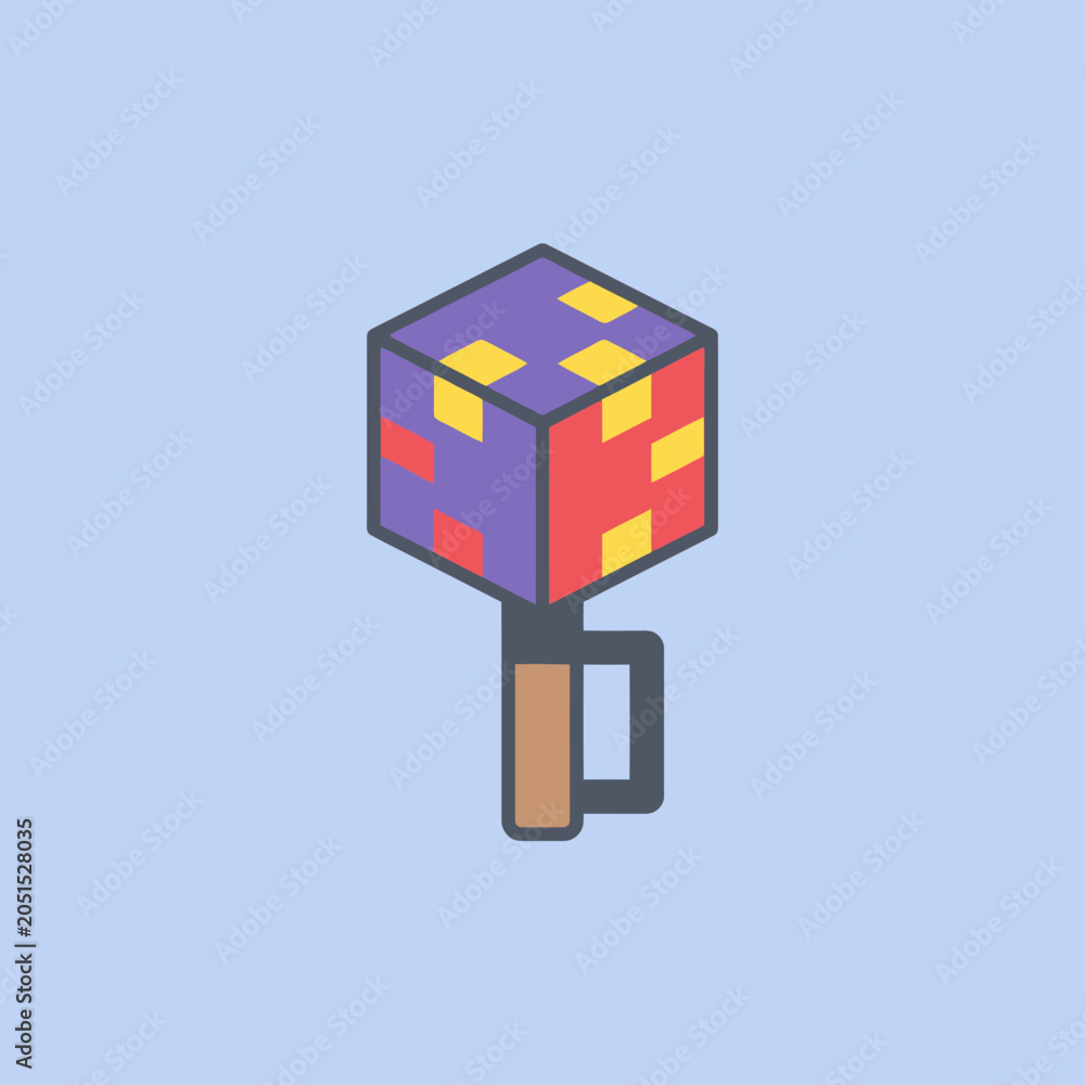 Fototapeta premium A colorful isometric cube toy with a handle on light blue