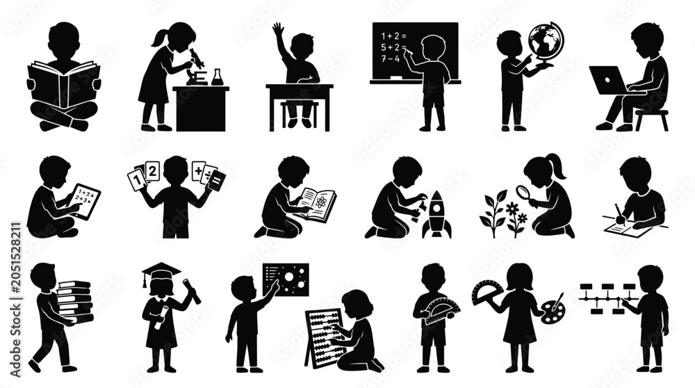 Obraz premium Education and learning silhouette icons set showing children studying science math and technology art.