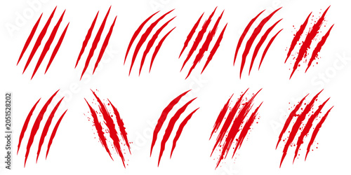 Set of red claw scratches, animal slash marks, wild beast attack signs