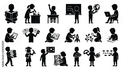Education and learning silhouette icons set showing children studying science math and technology art.