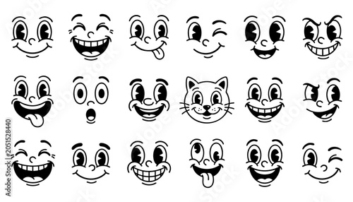 Photography Set of vintage cartoon faces with various expressions, retro 1930s rubber hose a