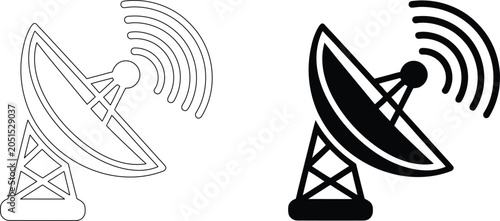 Bild auf Leinwand Satellite dish antenna icon showing communication signal waves in line and solid black vectors