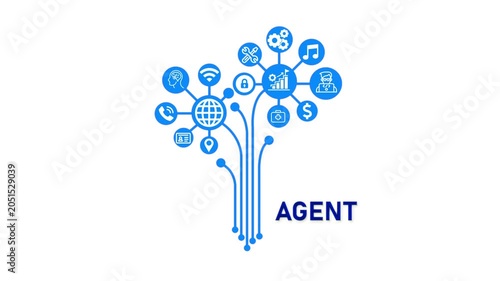 Agent Branding Concept, Futuristic Digital Network with Business and Technology Icons.