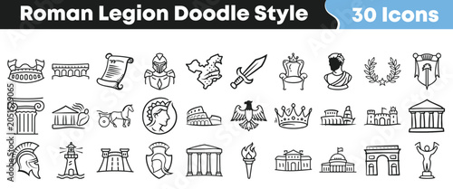 Foto Hand drawn collection of thirty roman legion icons doodle style