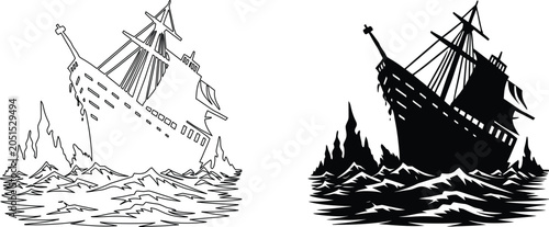 Sunken ship icons in line art and black silhouette style representing shipwreck in rough ocean sea.