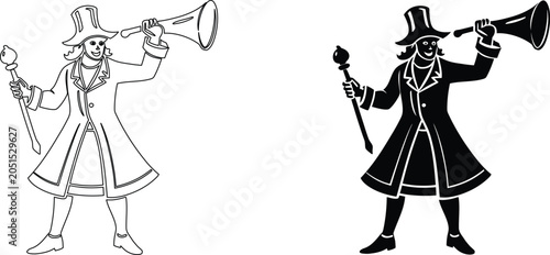 Town crier man with megaphone and staff vintage costume medieval herald announcement trumpet old.