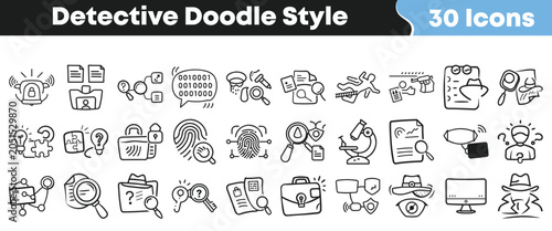 Collection of hand drawn detective icons in a doodle style