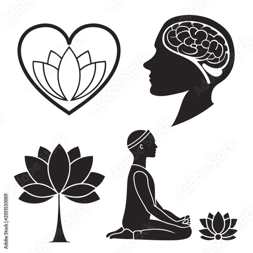 Photos Meditation and mindfulness with lotus flowers and brain illustration, self impro