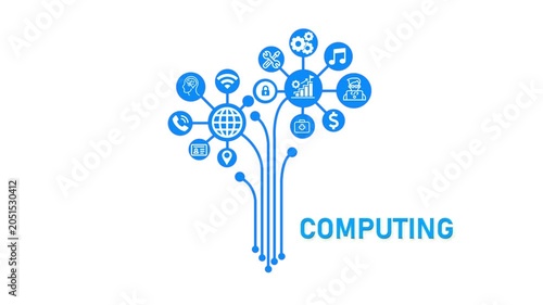 Computing Branding Concept, Futuristic Digital Network with Business and Technology Icons.