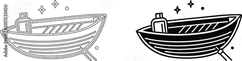 Konstfotografi Wooden rowboat vector illustration with oars and bottle icon set for nautical transport graphics