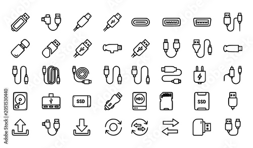 Obraz na płótnie Modern USB technology outline icon collection featuring connectors flash drives