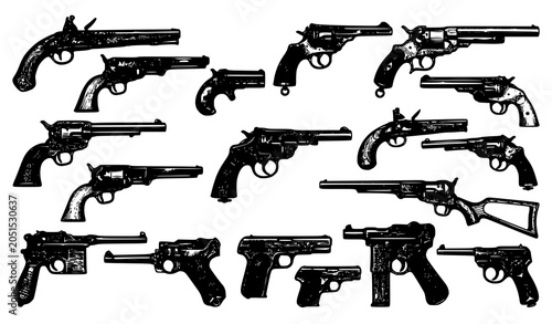 Foto Hand drawn vintage revolver and antique pistol collection with retro firearm eng