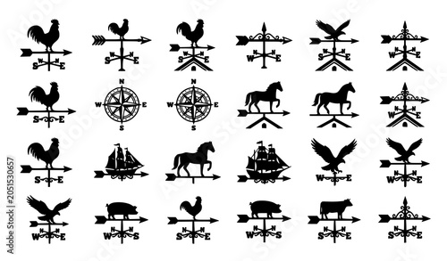 Foto Vintage weather vane silhouette icon set with windvane rooster compass and weath