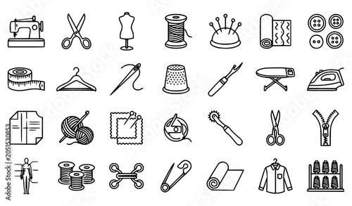 Obraz na płótnie Tailoring and dressmaking outline icon collection with sewing equipment fashion