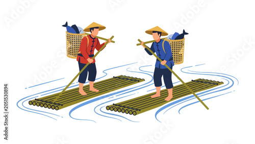 Quadro su tela Bamboo Raft Fishermen: Two fishermen in traditional conical hats navigate calm water on bamboo rafts, each carrying a basket filled with fish on their backs, depicting a traditional livelihood