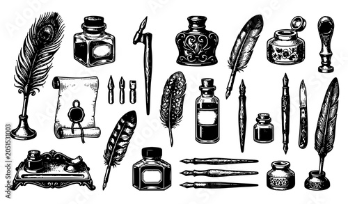 Foto Vintage writing desk illustration set with inkwell feather quill dip pen and ant