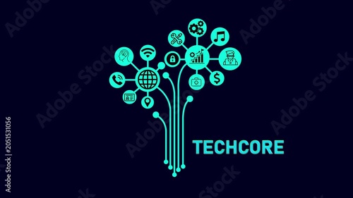 Techcore Branding Concept, Futuristic Digital Network with Business and Technology Icons.