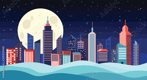 Vibrant night cityscape featuring various colorful skyscrapers and buildings silhouetted against a large full moon and a starry sky.
