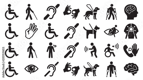 Comprehensive collection of disability and accessibility symbols with disability, accessibility