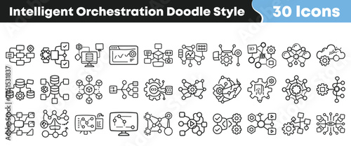 Cuadro en lienzo Set of hand drawn intelligent orchestration icons in doodle style