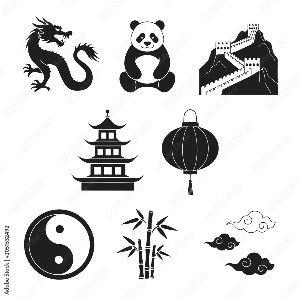 Naklejka premium A set of black and white vector icons representing Chinese culture and symbols
