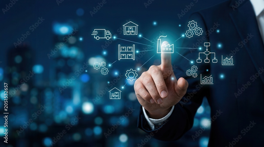 Fototapeta premium Effective production management and operational strategy visualized through digital icons.