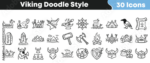 Fotografía Set of thirty hand drawn doodle style viking themed icons