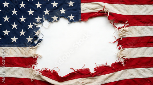Torn american flag with white background
