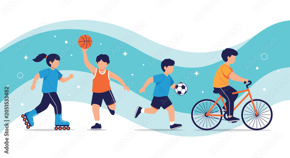 Fototapeta premium Group of kids engaged in different physical activities including roller skating, basketball, soccer, and riding a bicycle.