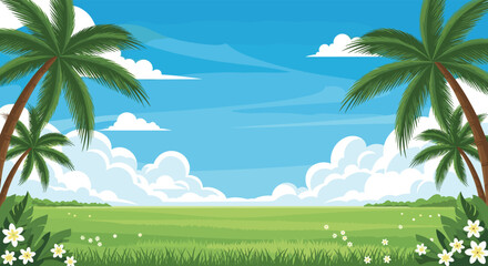 Leinwandbilder Pistache Beautiful tropical landscape featuring palm trees, white clouds in a blue sky, and a lush green field with white flowers.  © The