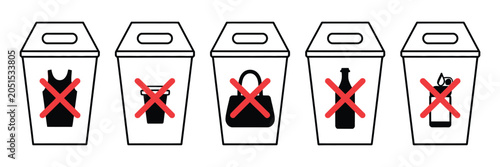 Foto Waste prohibition signs, garbage bin restriction for plastic, liquids, and gener