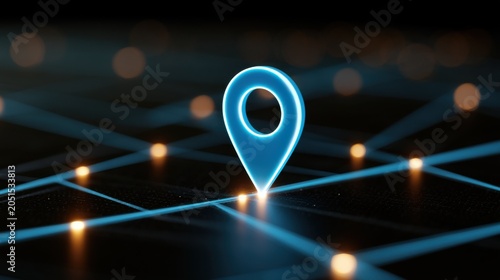 3D render of a glowing blue location pin on a digital grid network