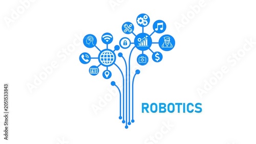 Robotics Branding Concept, Futuristic Digital Network with Business and Technology Icons.