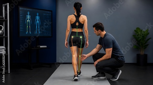 Physiotherapy, gait analysis and sports science with woman for posture check, biomechanics and injury prevention. Trainer, movement and health technology with orthopedic assessment and body tracking